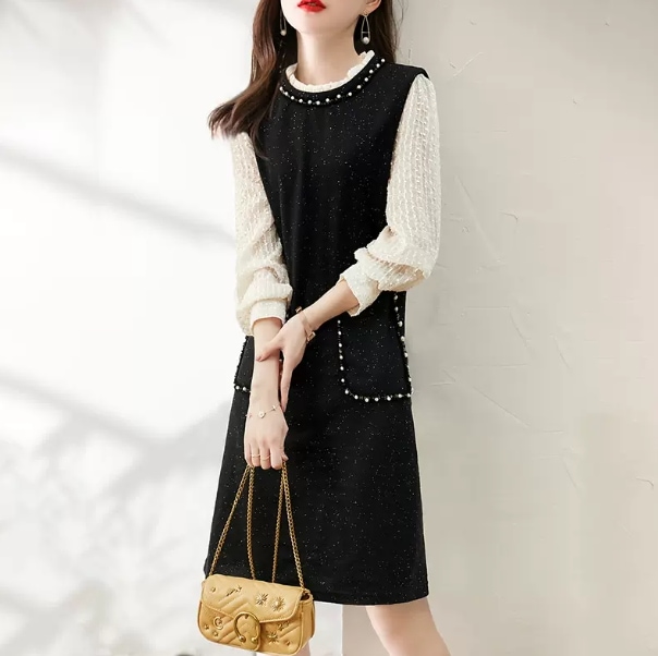 ワンピース 膝丈 袖あり 長袖 ドッキング デザイン 美ライン パール ニュアンス レース シフォン フリル レイヤード ポケット 装飾 軽やか バイカラー ロマンチック かわいい 大人可愛い