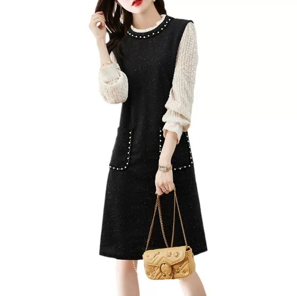 ワンピース 膝丈 袖あり 長袖 ドッキング デザイン 美ライン パール ニュアンス レース シフォン フリル レイヤード ポケット 装飾 軽やか バイカラー ロマンチック かわいい 大人可愛い