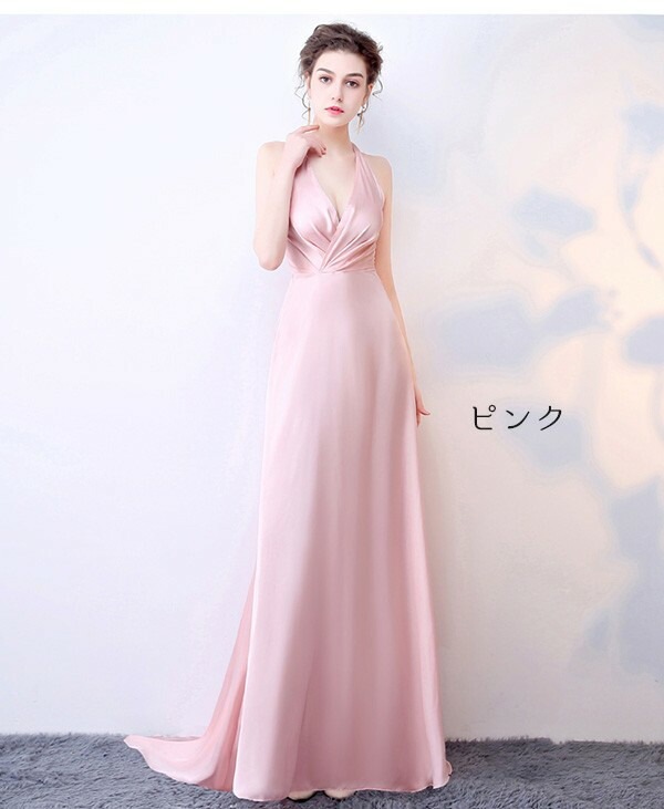 【夏セール！】ロングドレス 演奏会 ピアノ発表会 ホルターネック スレンダーライン サテン ツヤあり 光沢 ワンピース 夏 レディース 涼しい 袖なし ノースリーブ オープンバック リゾート 海 サマ