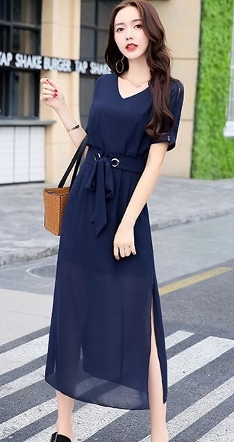 1998.Vネックシースルードレス（ネイビー）2019 春夏 sale 春夏 sale ワンピース 五分袖 サイドスリット エレガント お呼ばれ パーティー 結婚式 披露宴 女子会 レストラン デート