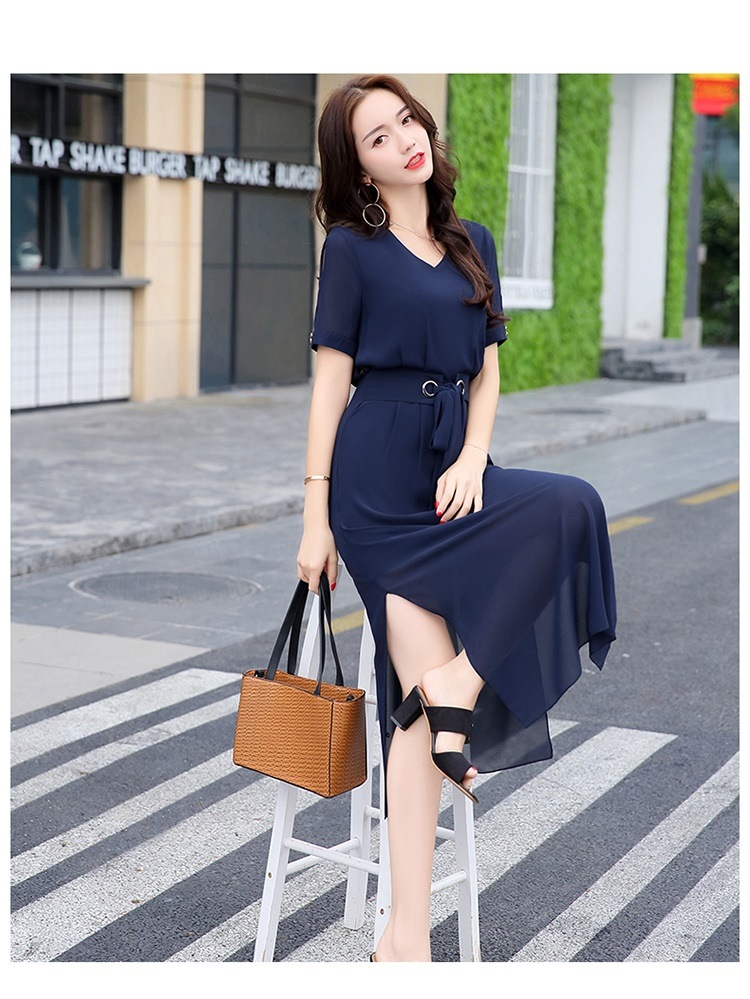 1998.Vネックシースルードレス（ネイビー）2019 春夏 sale 春夏 sale ワンピース 五分袖 サイドスリット エレガント お呼ばれ パーティー 結婚式 披露宴 女子会 レストラン デート