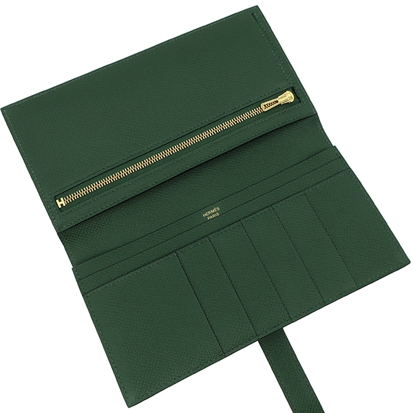 エルメス ベアンスフレ 二つ折り長財布 ヴェールアングレ ヴォーエプソン レザー シルバー金具 U刻印 2022年 ダークグリーン 中古 送料無料 エルメス HERMES 長財布 ベアンスフレ ヴォーエプソン ヴェール