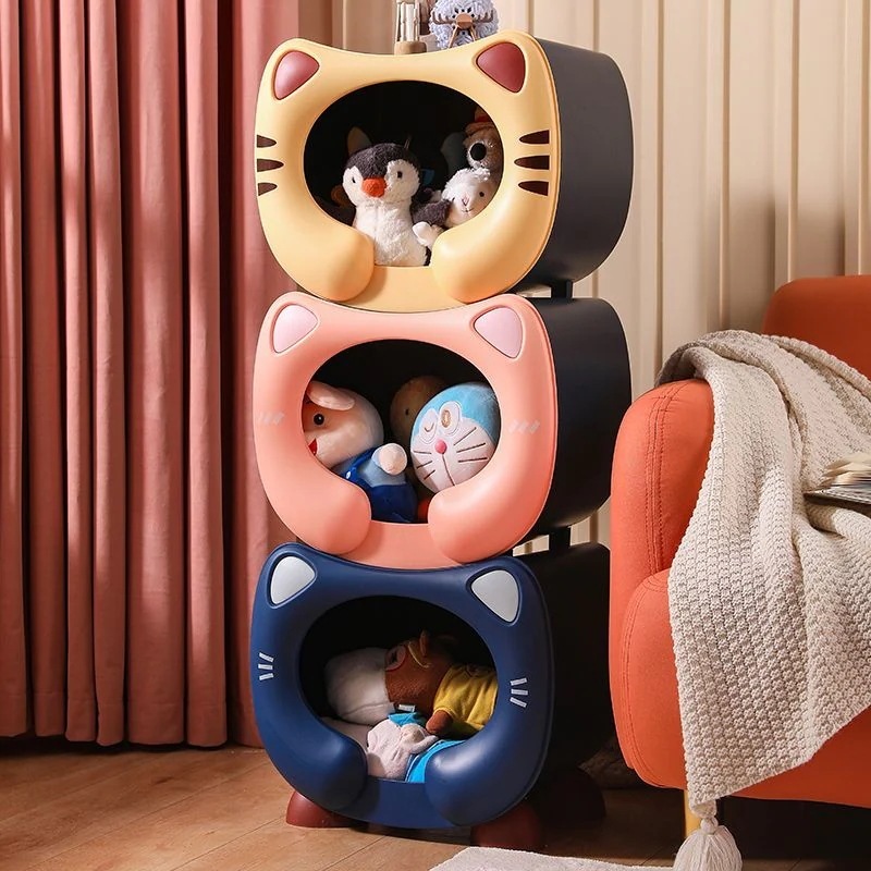 猫のイメージ置物棚大容量収納スペース縁が丸く手を剃らず安定して積み重ねられ傾きにくく環境に優しい材質を採用し収納ボックスは猫の巣も作れる3色から選択できお勧めです