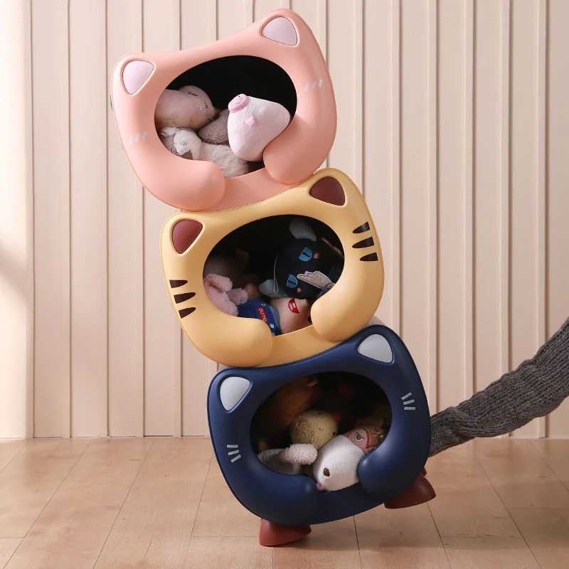 猫のイメージ置物棚大容量収納スペース縁が丸く手を剃らず安定して積み重ねられ傾きにくく環境に優しい材質を採用し収納ボックスは猫の巣も作れる3色から選択できお勧めです