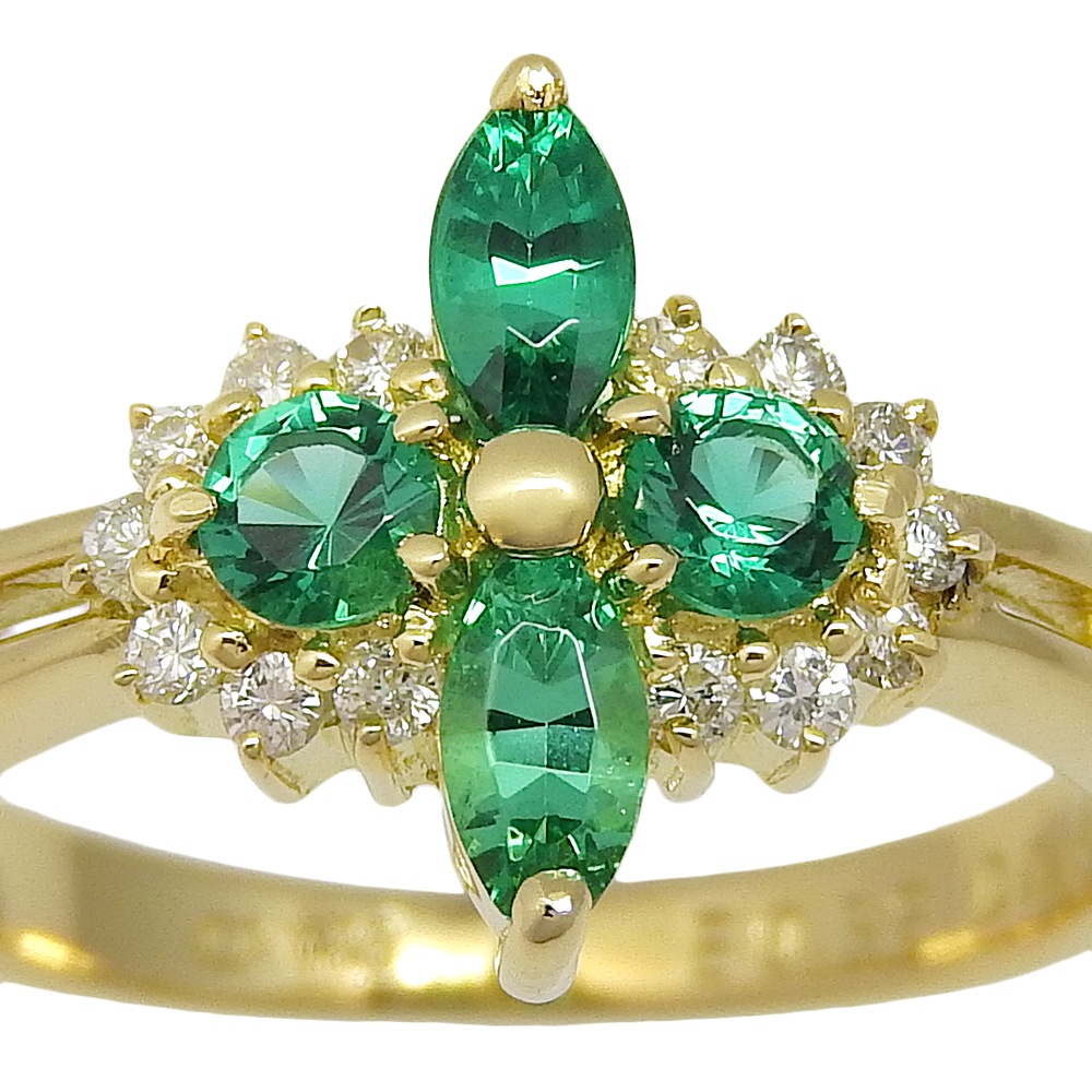 リング・指輪 K18イエローゴールド エメラルド ダイヤモンド 9号 D0.14 E0.32 約3.6g レディース 中古品 A+ランク リング・指輪 K18イエローゴールド エメラルド ダイヤモンド 9号 D0.14 E0.32 約3.6g レディース 中古品 A+ランク