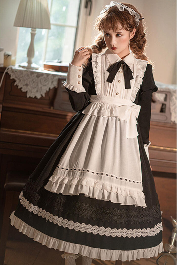【急速出荷】ロリータ メイド 3点セット 秋冬 長袖 コスプレ ワンピース エプロン ゴシック 可愛い エレガント 華麗 豪華 ふんわり スカート ボリューム メイド服 メイド喫茶 メイドカフェ レデ