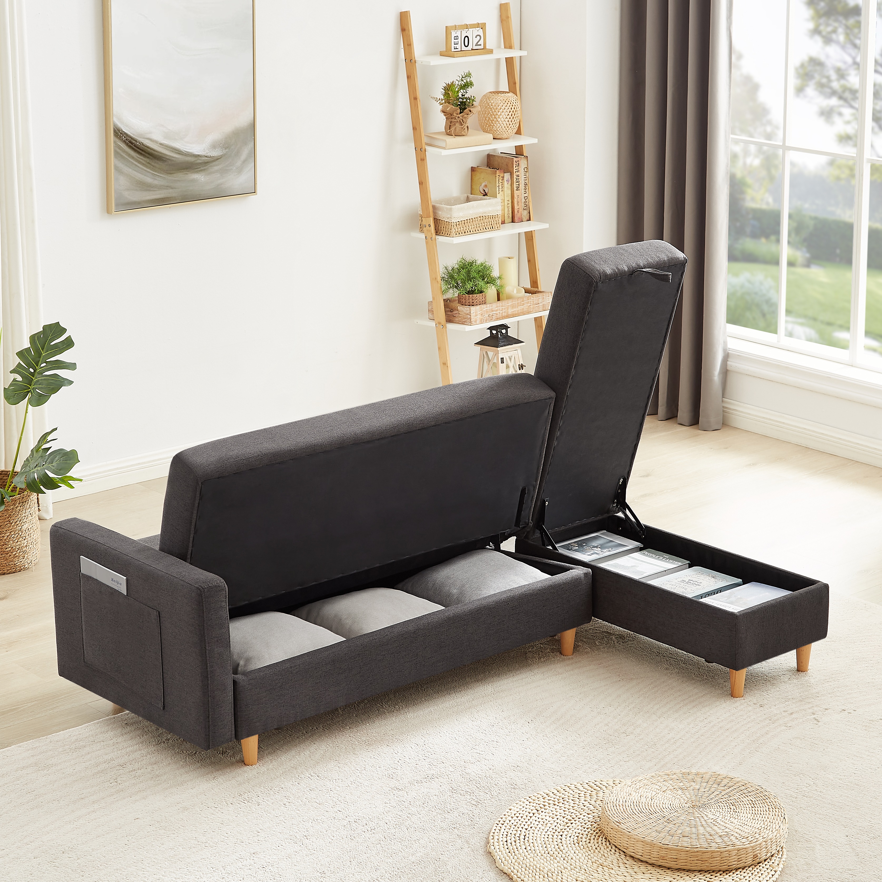 【国内発送.送.料.無.料！】ソファ ソファーベッド 3人掛け カウチソファ 多機能ソファ オットマン付き たくさん収納 レイアウト自由 左右側とも取り付けるアームレスト クッション2個 38