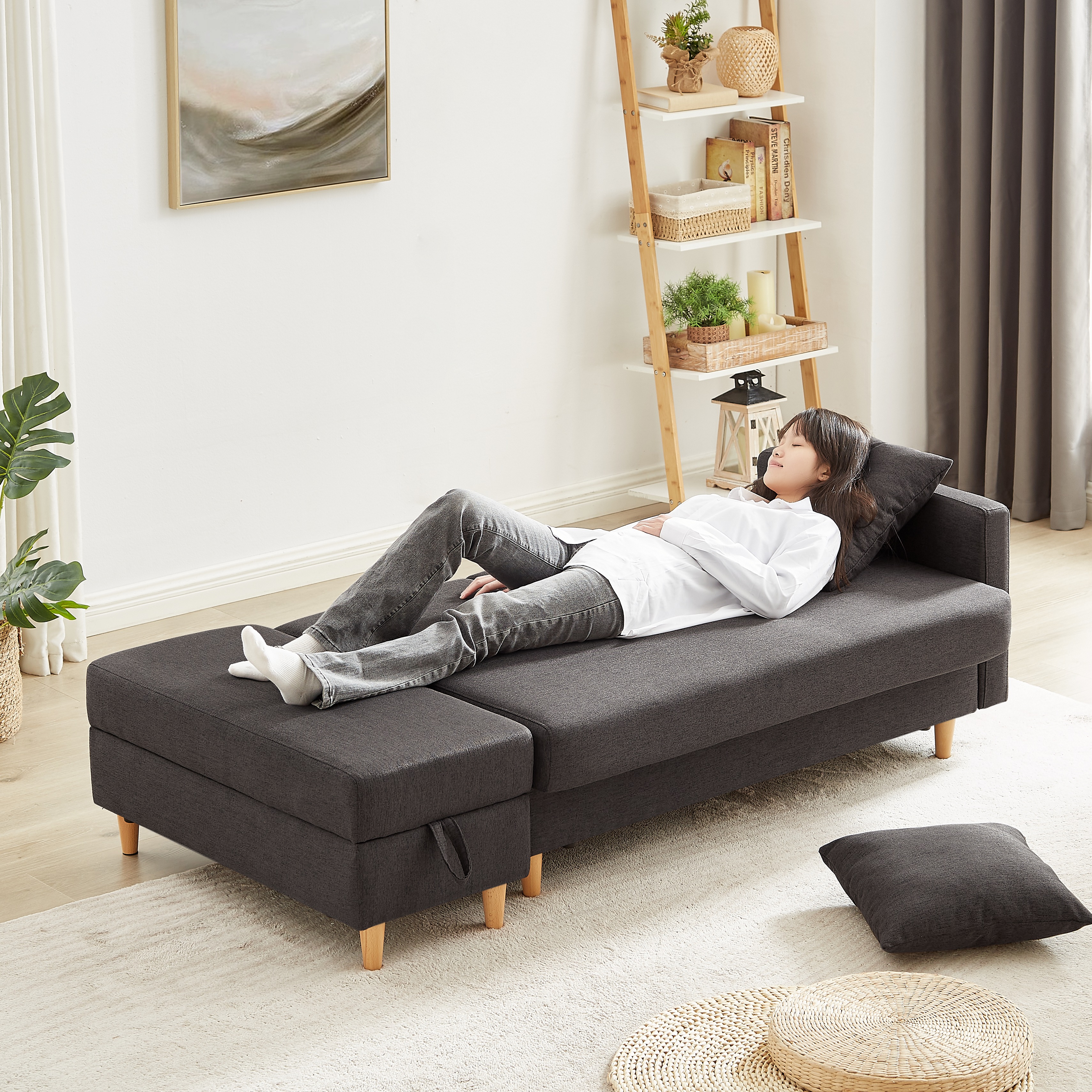 【国内発送.送.料.無.料！】ソファ ソファーベッド 3人掛け カウチソファ 多機能ソファ オットマン付き たくさん収納 レイアウト自由 左右側とも取り付けるアームレスト クッション2個 38