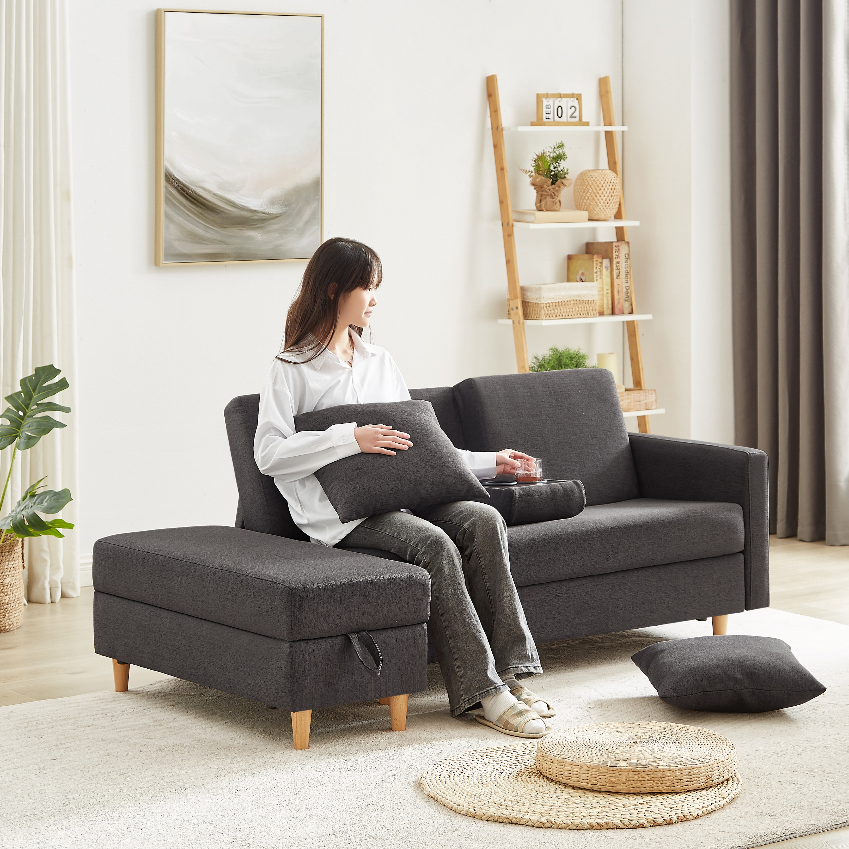 【国内発送.送.料.無.料！】ソファ ソファーベッド 3人掛け カウチソファ 多機能ソファ オットマン付き たくさん収納 レイアウト自由 左右側とも取り付けるアームレスト クッション2個 38