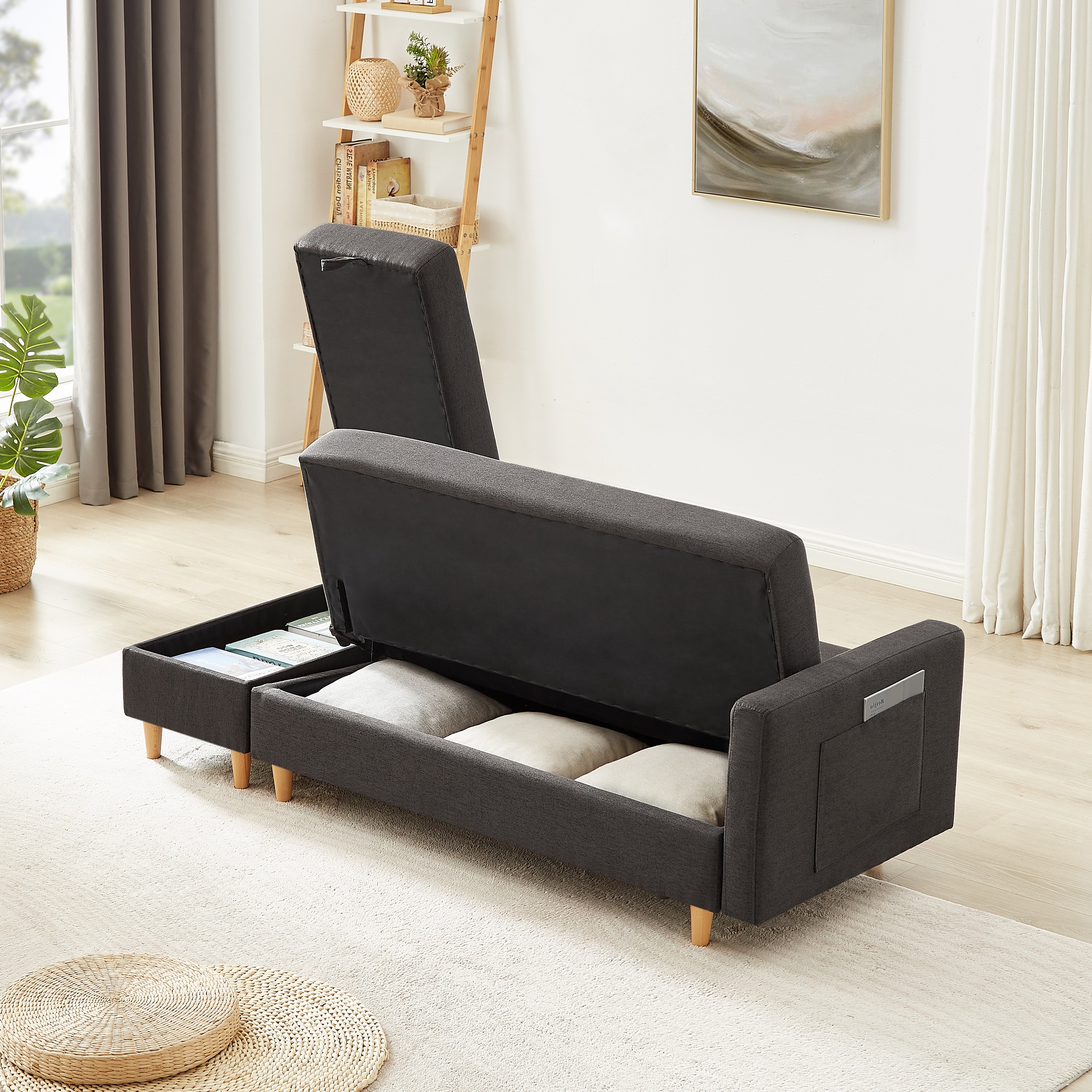 【国内発送.送.料.無.料！】ソファ ソファーベッド 3人掛け カウチソファ 多機能ソファ オットマン付き たくさん収納 レイアウト自由 左右側とも取り付けるアームレスト クッション2個 38