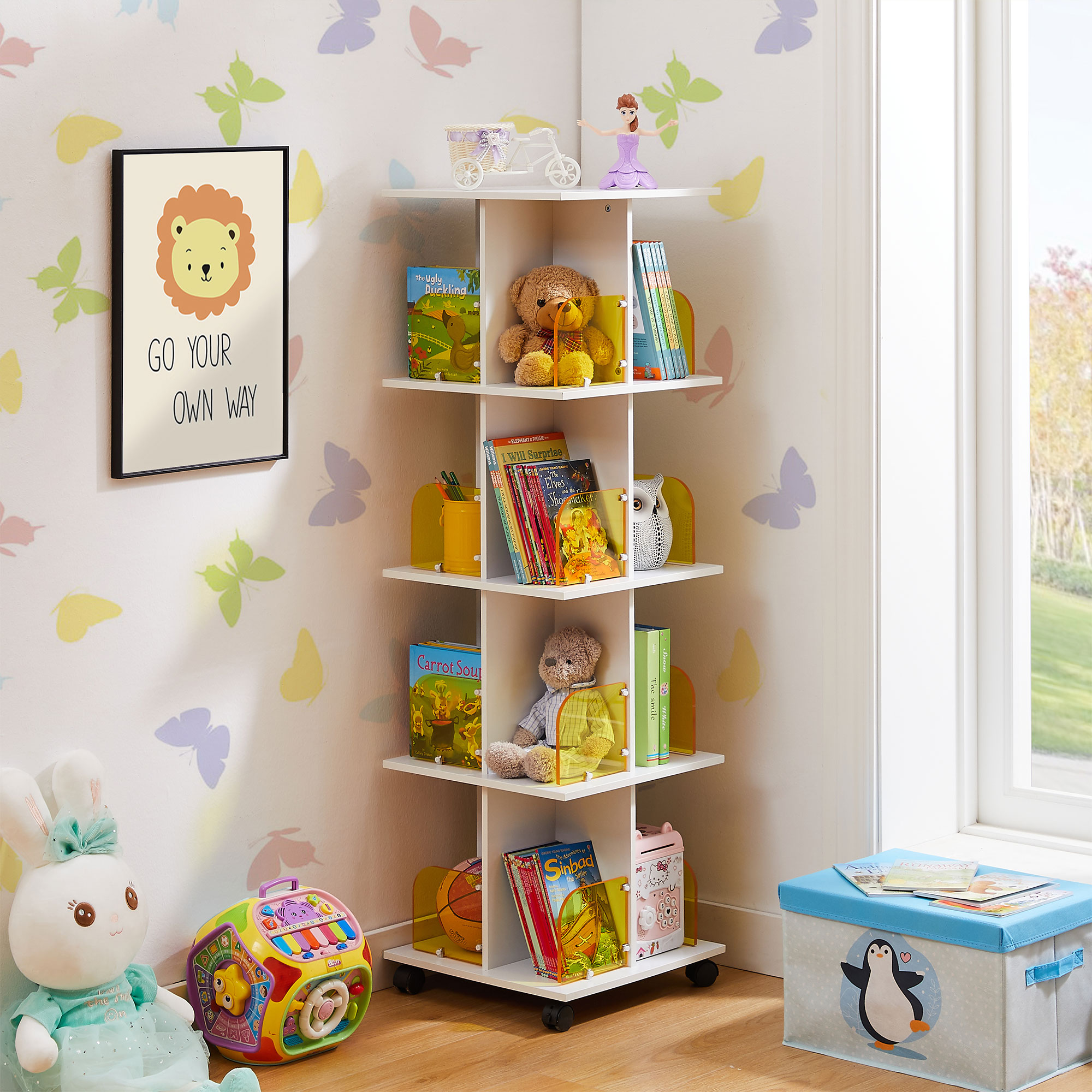 本棚 回転式本棚 4段 おしゃれ キャスター付き A4対応 スリム 幅40x奥行40x高さ128cm 省スペース 組立簡単 手入れ簡単 オープン式 コンパクト 隙間収納 絵