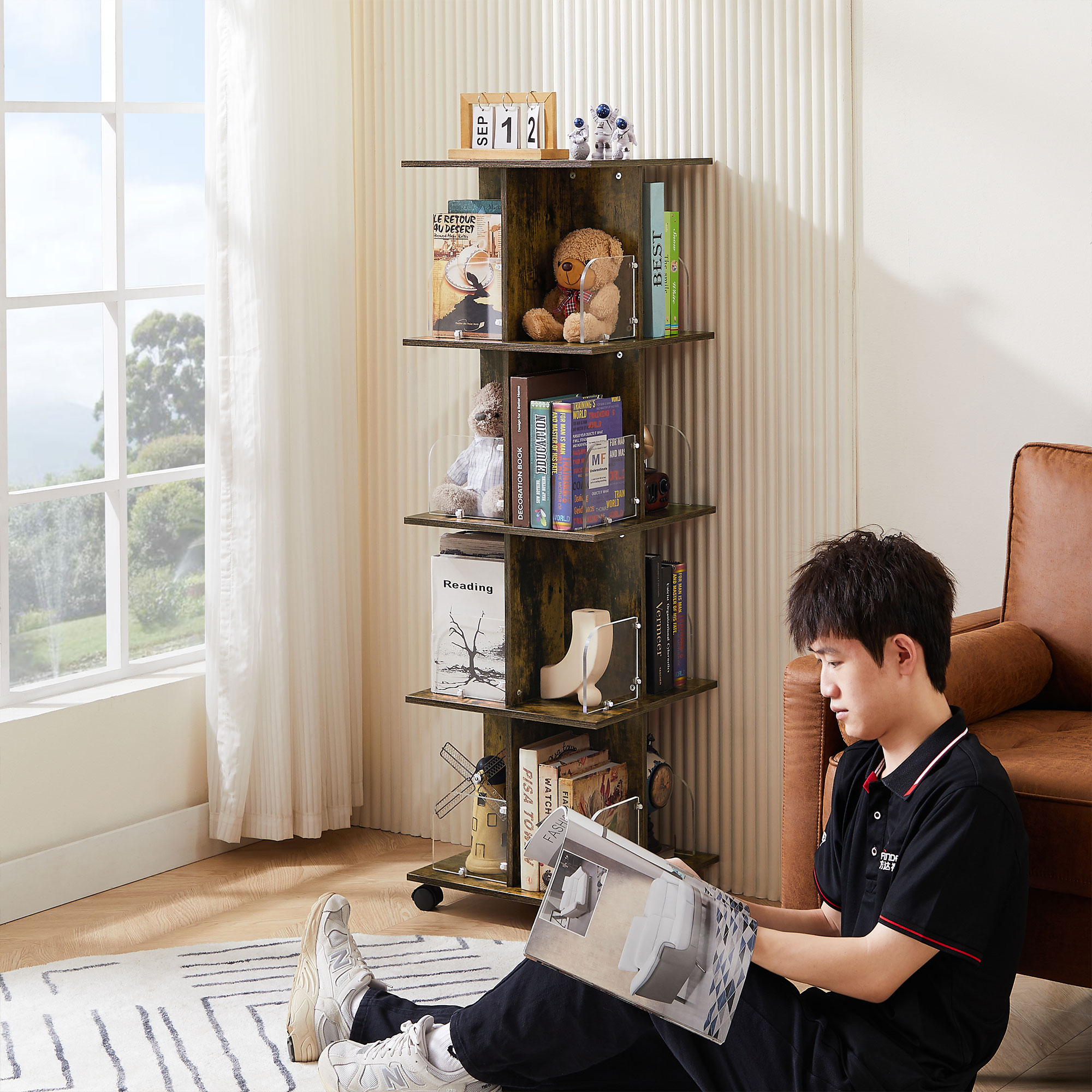 本棚 回転式本棚 4段 おしゃれ キャスター付き A4対応 スリム 幅40x奥行40x高さ128cm 省スペース 組立簡単 手入れ簡単 オープン式 コンパクト 隙間収納 絵