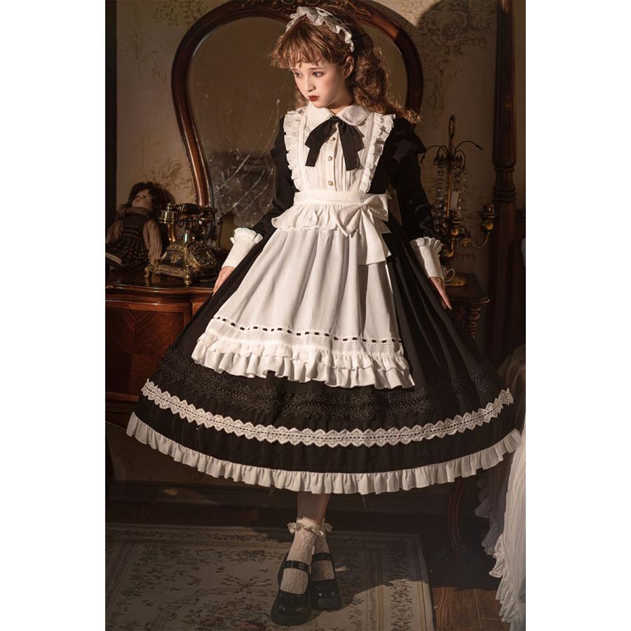 ロリータ メイド 3点セット 秋冬 長袖 コスプレ ワンピース エプロン ゴシック 可愛い エレガント