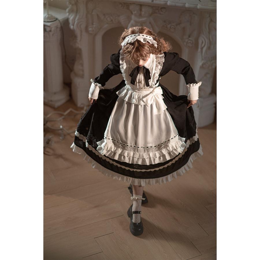 ロリータ メイド 3点セット 秋冬 長袖 コスプレ ワンピース エプロン ゴシック 可愛い エレガント