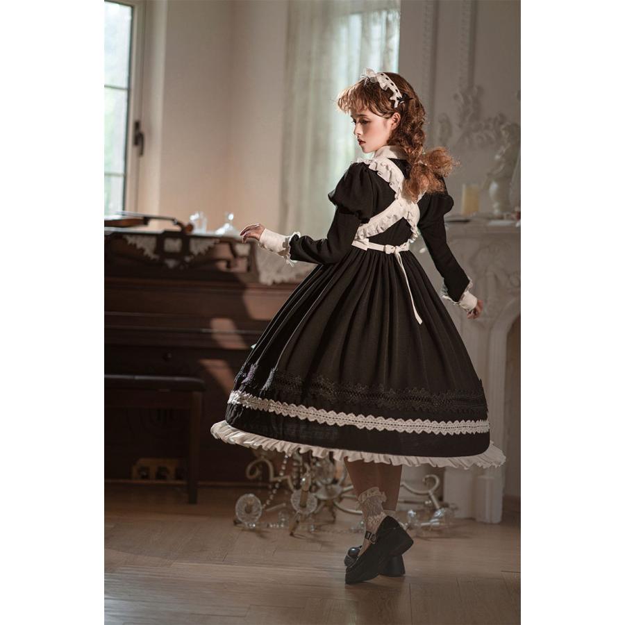 ロリータ メイド 3点セット 秋冬 長袖 コスプレ ワンピース エプロン ゴシック 可愛い エレガント