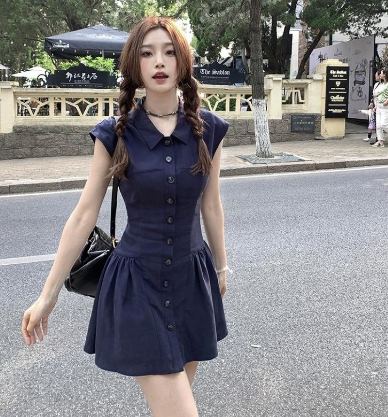 ワンピース シャツワンピース プルオーバー ショート丈 ノースリーブ 襟付き フレア プリーツ ハイウエスト 薄手 大人可愛い おしゃれ 大人女子 ラブリー 無地 春 夏 レディース デート