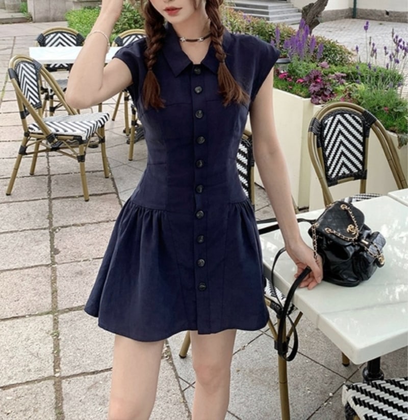 ワンピース シャツワンピース プルオーバー ショート丈 ノースリーブ 襟付き フレア プリーツ ハイウエスト 薄手 大人可愛い おしゃれ 大人女子 ラブリー 無地 春 夏 レディース デート