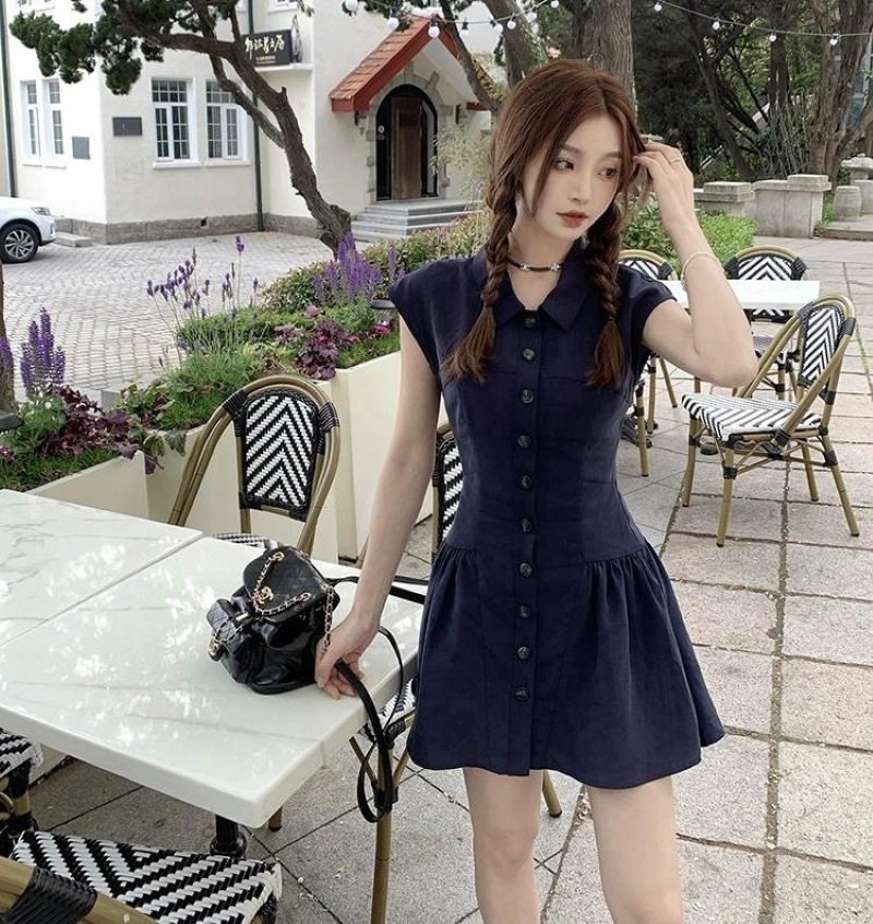 ワンピース シャツワンピース プルオーバー ショート丈 ノースリーブ 襟付き フレア プリーツ ハイウエスト 薄手 大人可愛い おしゃれ 大人女子 ラブリー 無地 春 夏 レディース デート