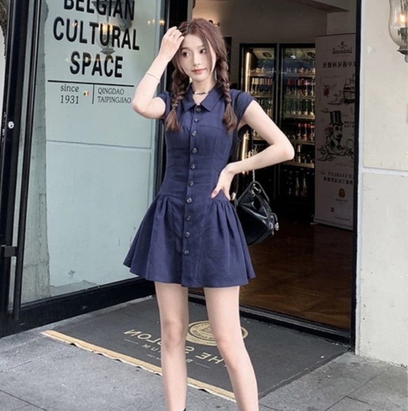 ワンピース シャツワンピース プルオーバー ショート丈 ノースリーブ 襟付き フレア プリーツ ハイウエスト 薄手 大人可愛い おしゃれ 大人女子 ラブリー 無地 春 夏 レディース デート