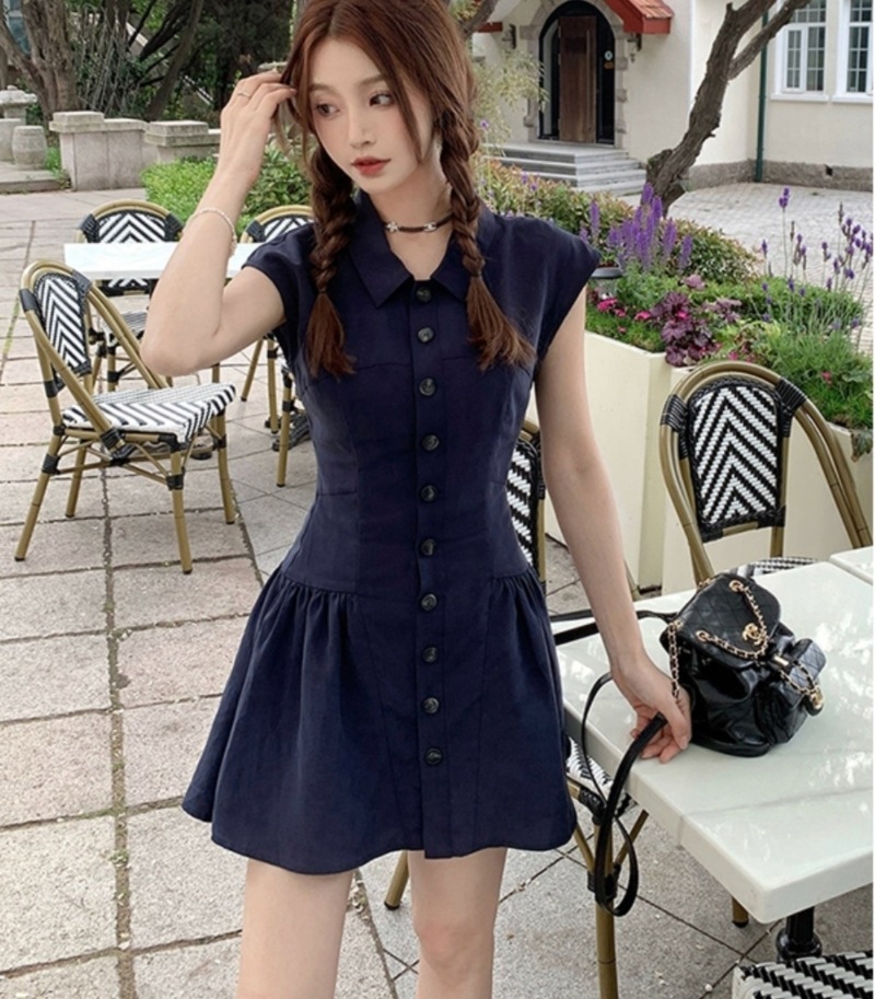 ワンピース シャツワンピース プルオーバー ショート丈 ノースリーブ 襟付き フレア プリーツ ハイウエスト 薄手 大人可愛い おしゃれ 大人女子 ラブリー 無地 春 夏 レディース デート