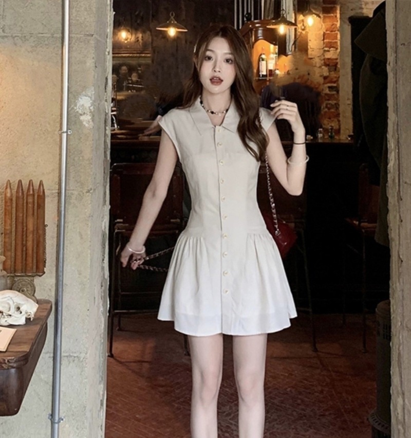 ワンピース シャツワンピース プルオーバー ショート丈 ノースリーブ 襟付き フレア プリーツ ハイウエスト 薄手 大人可愛い おしゃれ 大人女子 ラブリー 無地 春 夏 レディース デート