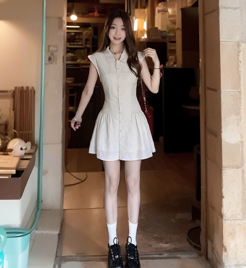 ワンピース シャツワンピース プルオーバー ショート丈 ノースリーブ 襟付き フレア プリーツ ハイウエスト 薄手 大人可愛い おしゃれ 大人女子 ラブリー 無地 春 夏 レディース デート