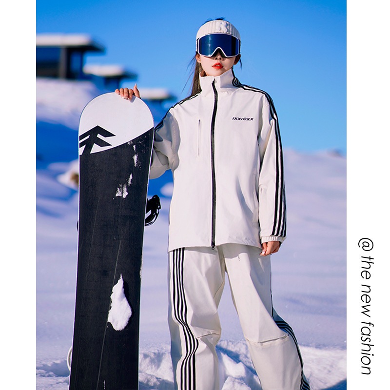 ストライプパッチワークラージサイズスキーウェアセット男性カップル用滑り止め防風防水保温コート