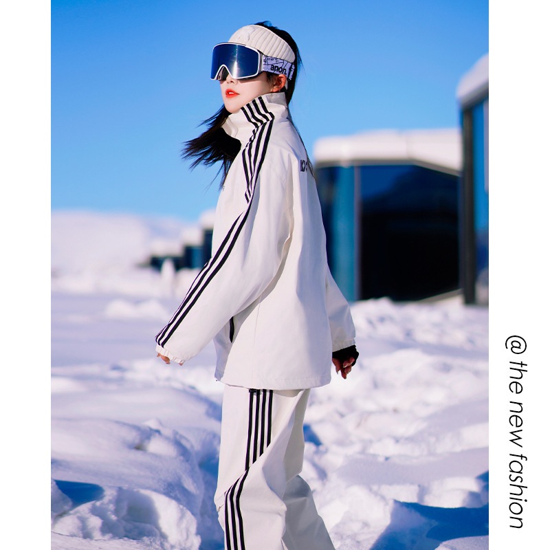 ストライプパッチワークラージサイズスキーウェアセット男性カップル用滑り止め防風防水保温コート