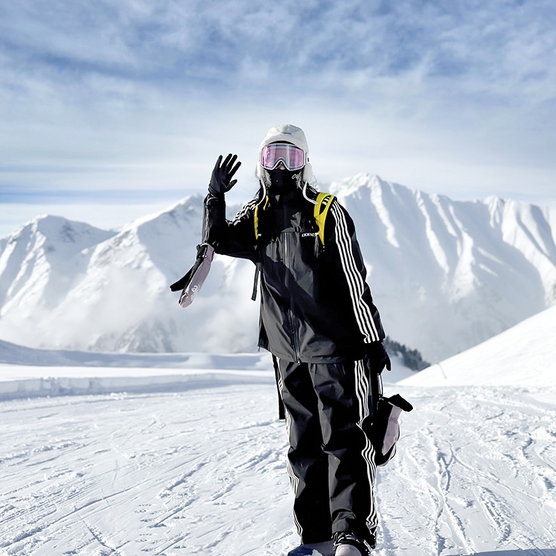 ストライプパッチワークラージサイズスキーウェアセット男性カップル用滑り止め防風防水保温コート