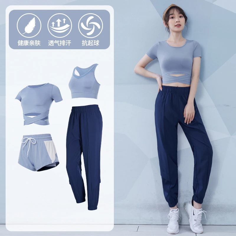 緊急SALE!2枚購入で2OO円OFF![急速出荷]フィットネススーツト 4点セットヨガウェア女性用おしゃれヨガウェア夏ファッションテンパリングスポーツウェアハイエンドタイトフィッティングスウェットプ