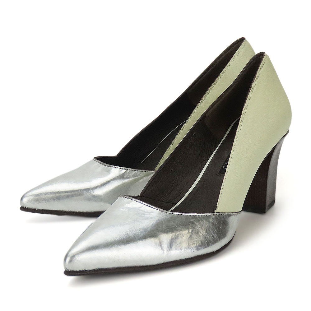 中古 パンプス 24 1/2 レザー エナメル シルバー ライトグリーン系 JPサイズ約24.5cm ヒール約7.5cm シューズ　靴 レディース 女性