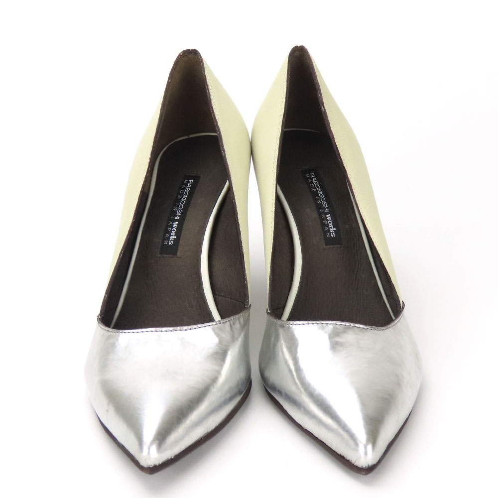 中古 パンプス 24 1/2 レザー エナメル シルバー ライトグリーン系 JPサイズ約24.5cm ヒール約7.5cm シューズ　靴 レディース 女性