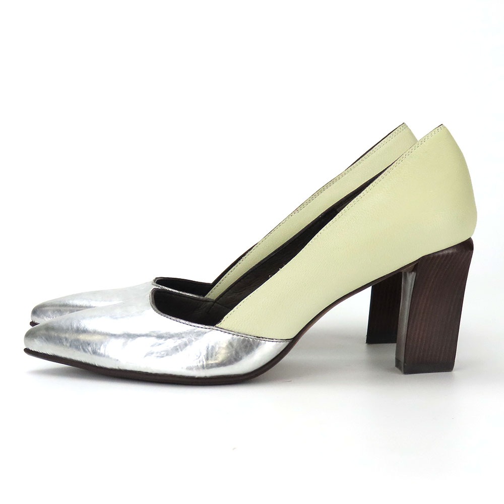 中古 パンプス 24 1/2 レザー エナメル シルバー ライトグリーン系 JPサイズ約24.5cm ヒール約7.5cm シューズ　靴 レディース 女性