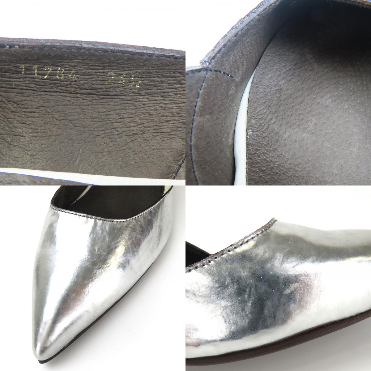 中古 パンプス 24 1/2 レザー エナメル シルバー ライトグリーン系 JPサイズ約24.5cm ヒール約7.5cm シューズ　靴 レディース 女性