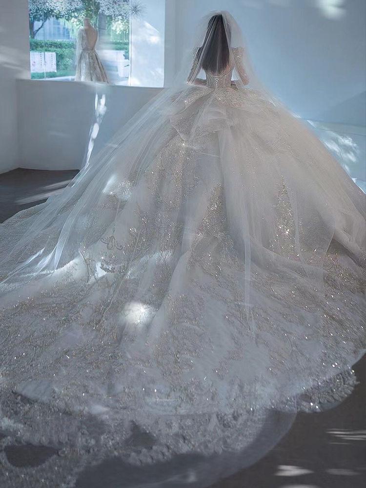 長袖メインウェディングドレス2024花嫁大テールハイエンド重工業小星空宮殿風冬 長袖メインウェディングドレス2024花嫁大テールハイエンド重工業小星空宮殿風冬