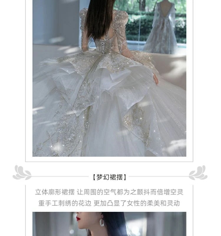 長袖メインウェディングドレス2024花嫁大テールハイエンド重工業小星空宮殿風冬 長袖メインウェディングドレス2024花嫁大テールハイエンド重工業小星空宮殿風冬