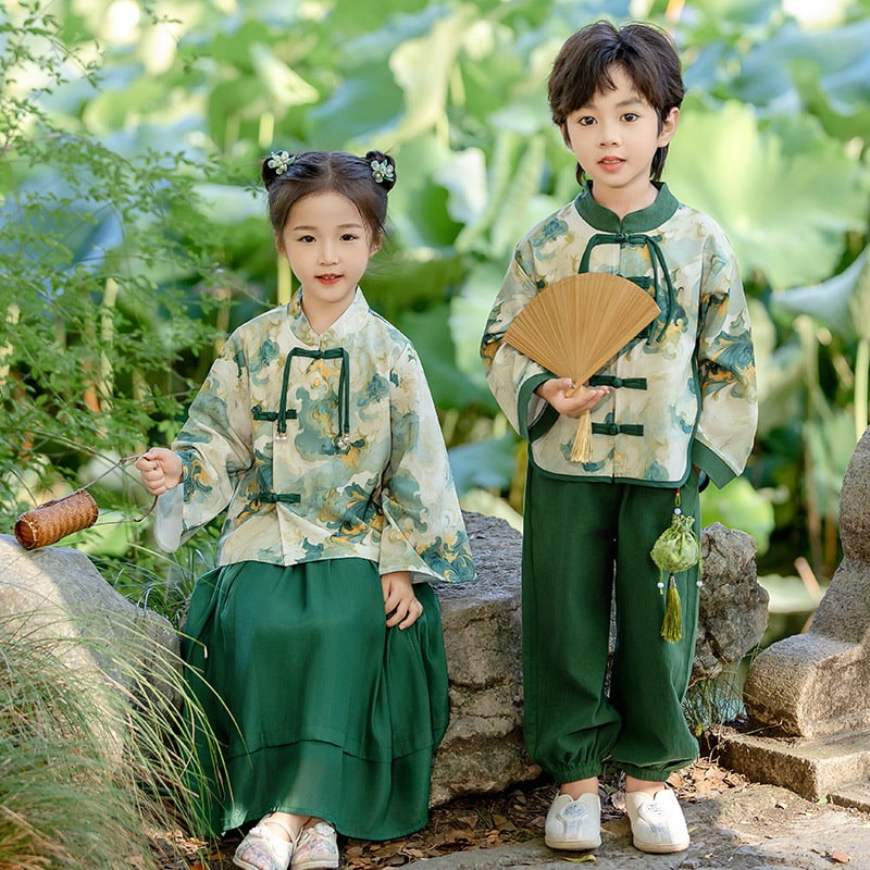 【即納】民族ナチュラルエスニック復古写真撮影パーティー用演出 中国子供男子女子2点セットアップ 最安値に挑戦