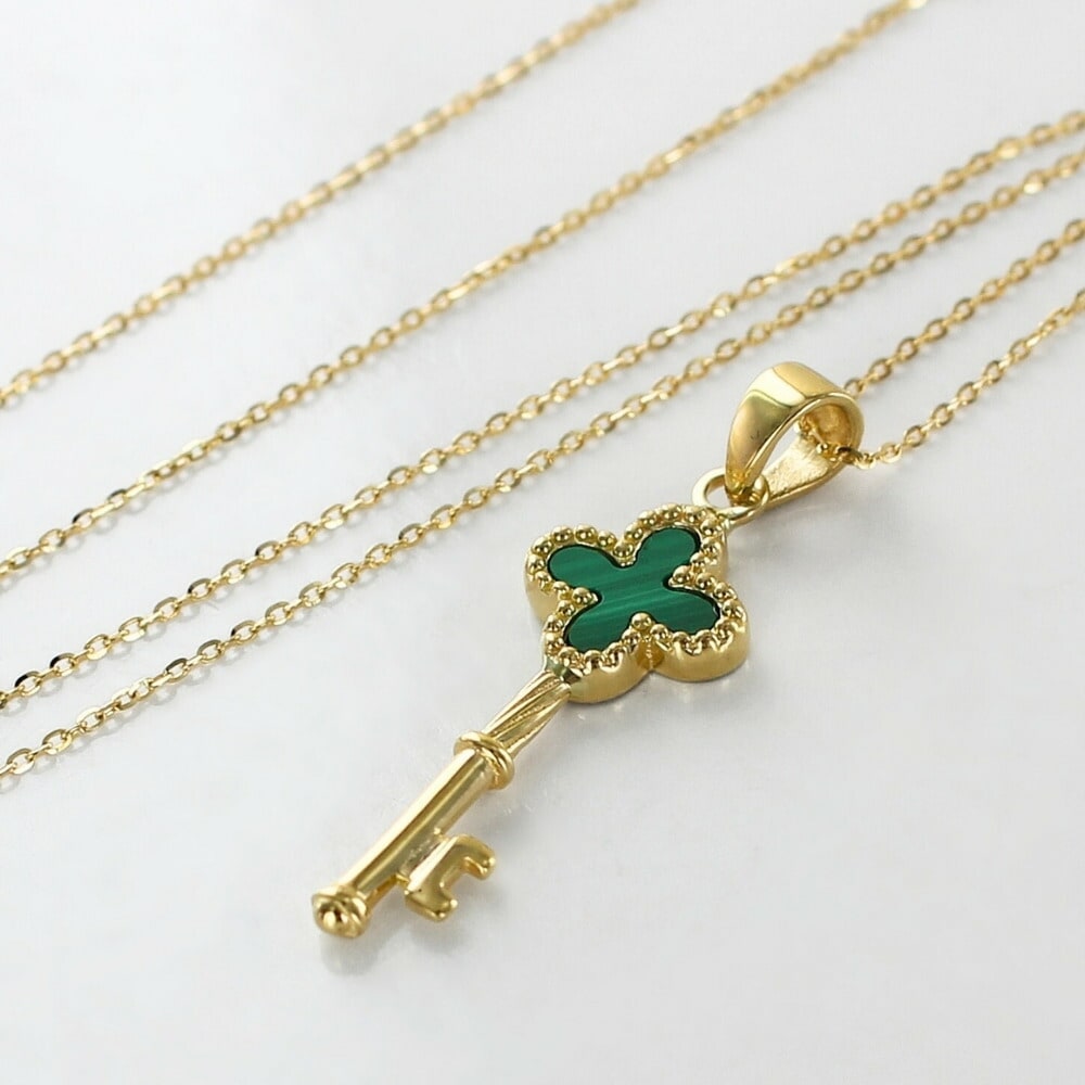 K18 18金 ネックレス レディース ゴールド ミルグレイン 鍵 マラカイト チェーンネックレス シンプル ペンダント ギフト プレゼント 女性 妻 母 誕生日 結婚記念日 高級感 上品 華奢 ラン