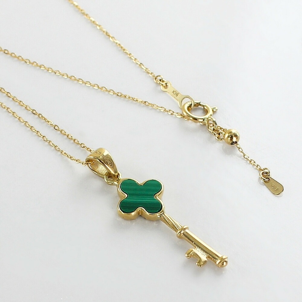 K18 18金 ネックレス レディース ゴールド ミルグレイン 鍵 マラカイト チェーンネックレス シンプル ペンダント ギフト プレゼント 女性 妻 母 誕生日 結婚記念日 高級感 上品 華奢 ラン