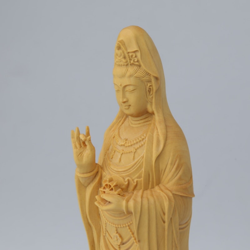 観音菩薩 木彫り 10cm 彫刻 柘植木彫り 仏像 縁起物 祈る 開運 スピリチュアル プレゼント 贈り物 ギフト お土産 お守り 置物 風水 飾り