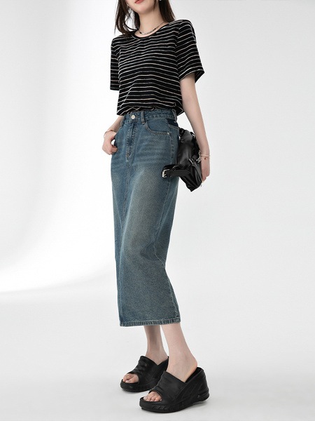 細脚スカート ウォッシュドデニム 細脚スカート ウォッシュドデニム