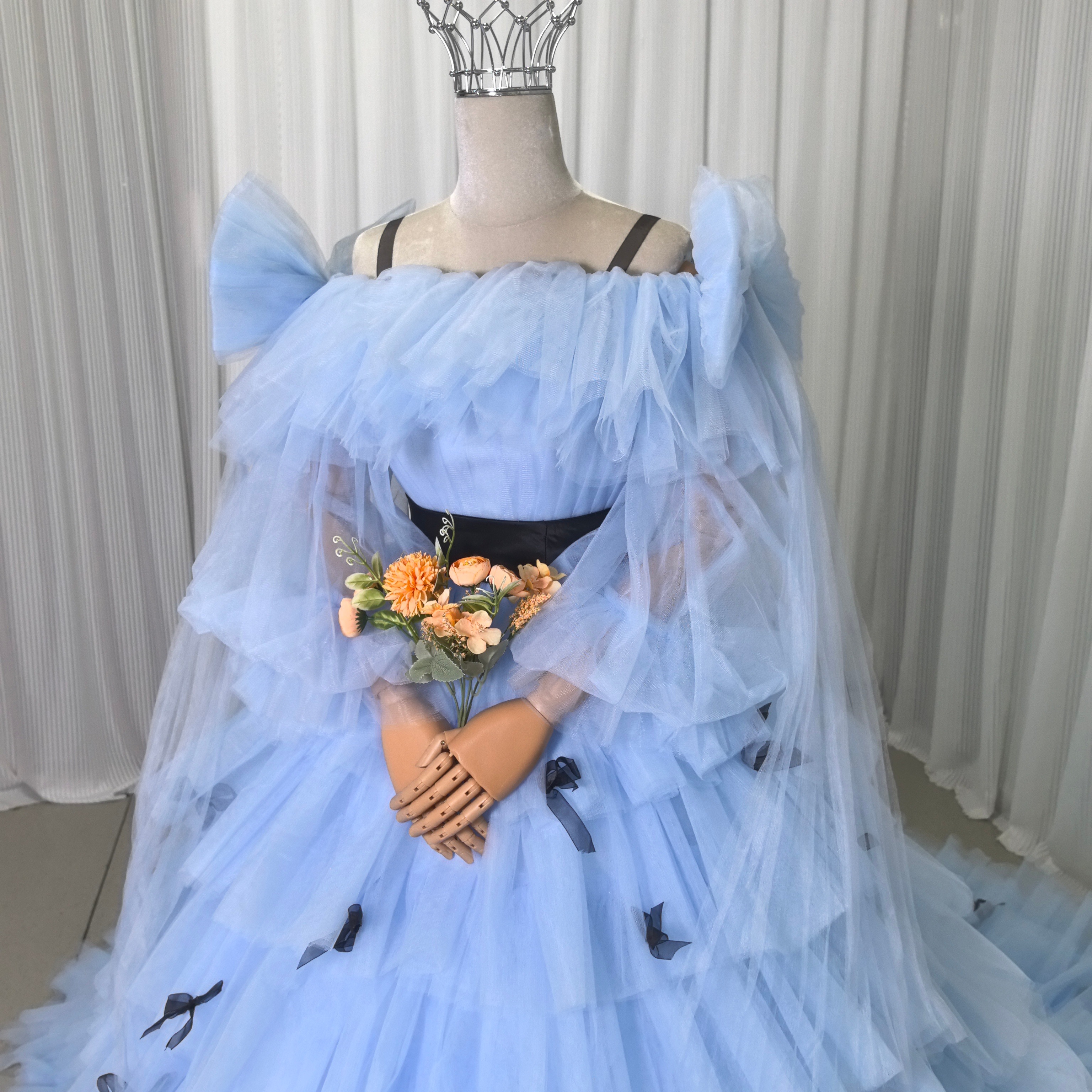 カラードレス ブルー ベアトップ ティアードのドレス リボン 姫袖 プリンセスライン チュールドレス 花嫁_4