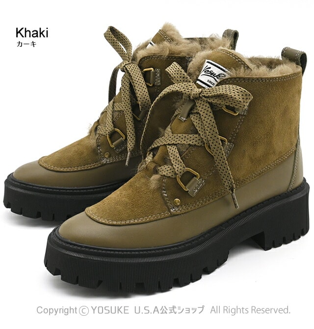 【公式】 ヨースケ レースアップブーツ レディース 本革 ファー付き 歩きやすい 5cm ヒール
