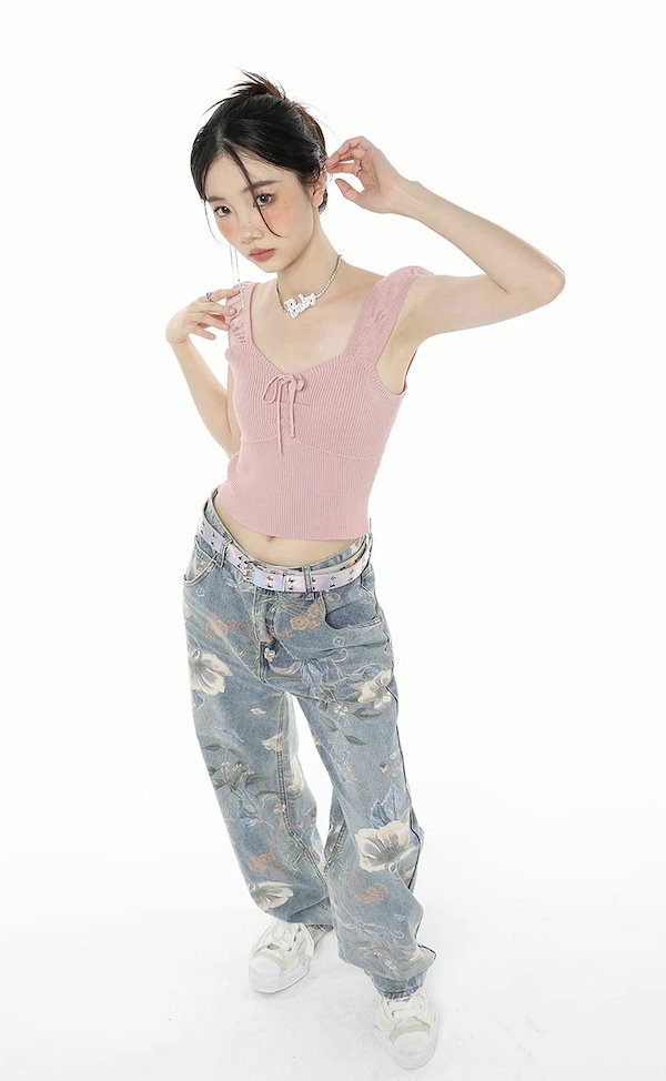 Qoo10] 花柄 デニム フラワープリントジーンズ