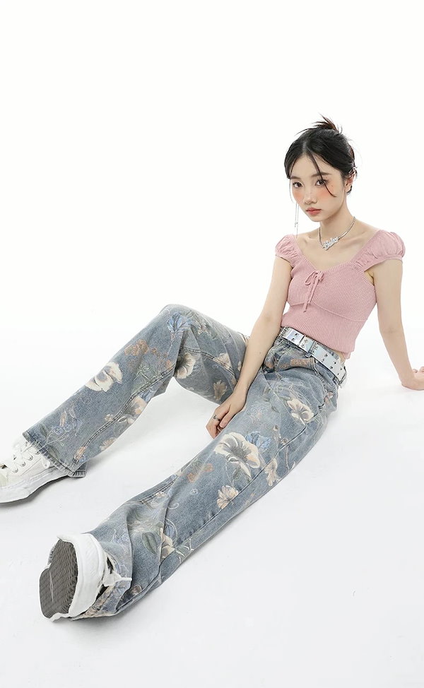 Qoo10] 花柄 デニム フラワープリントジーンズ