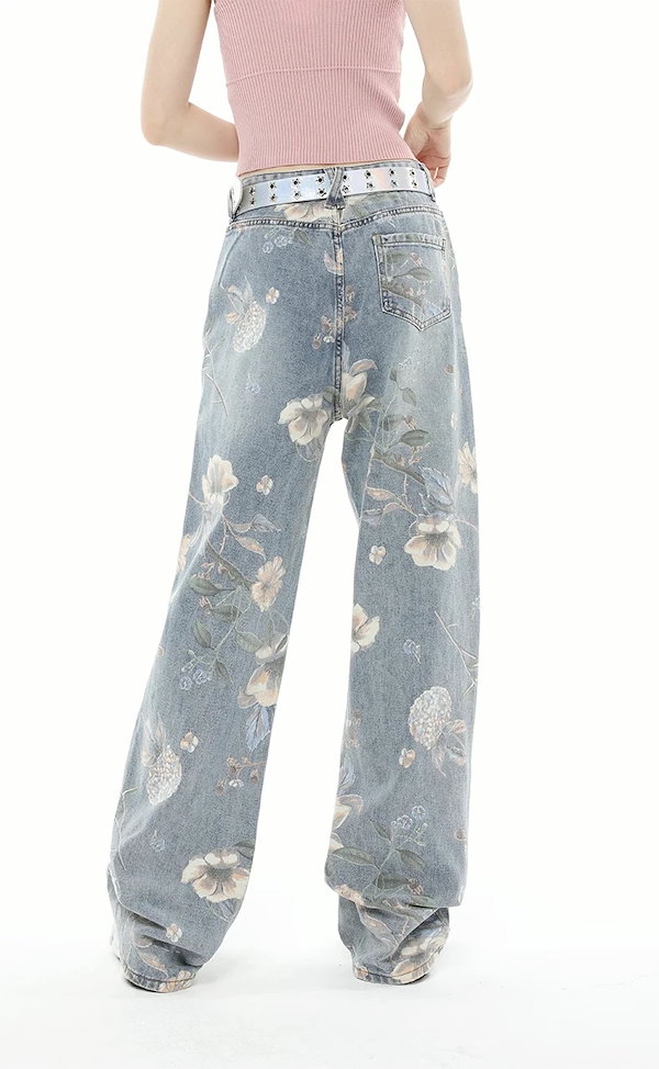 Qoo10] 花柄 デニム フラワープリントジーンズ