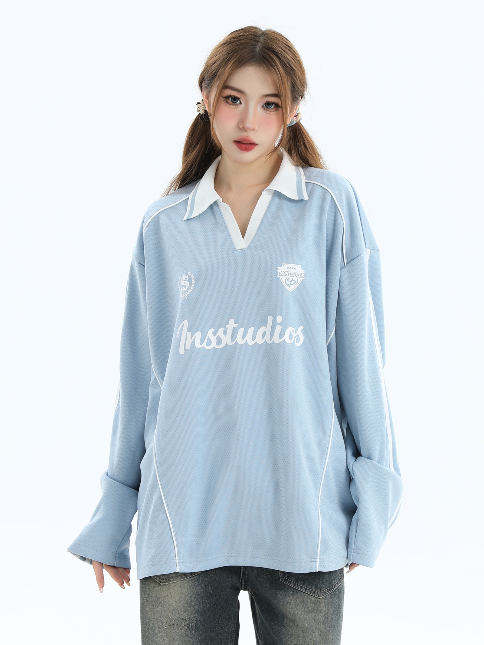 2025秋冬 トップスバイカラー長袖TシャツかわいいVネックK-POP黑白レディース韓国風ロゴルーズゆったりカジュアルおしゃれサイズ袖グラフィックシルエットファッション系サイドシャツフット春スポーツT_8