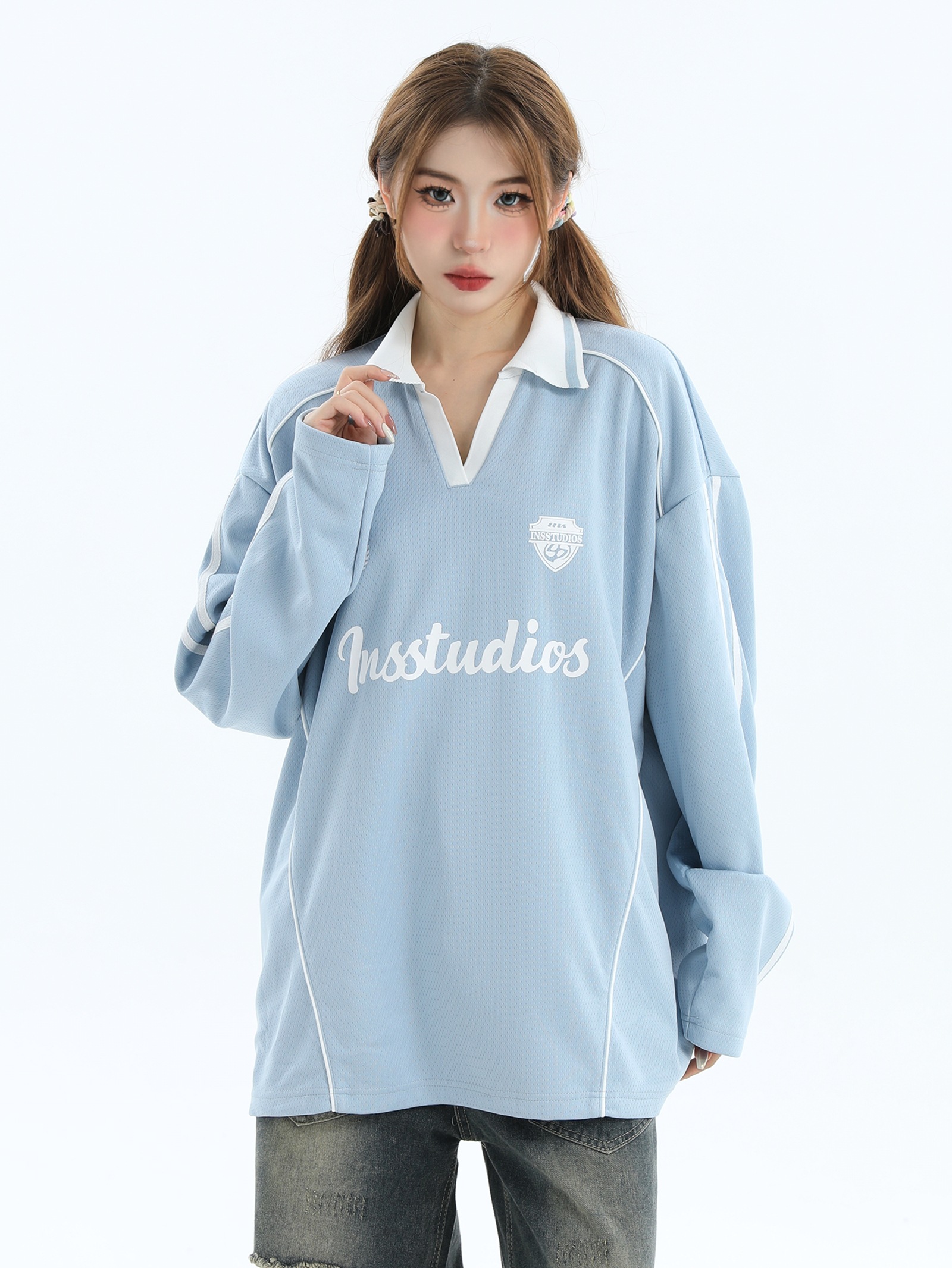 2025秋冬 トップスバイカラー長袖TシャツかわいいVネックK-POP黑白レディース韓国風ロゴルーズゆったりカジュアルおしゃれサイズ袖グラフィックシルエットファッション系サイドシャツフット春スポーツT_9