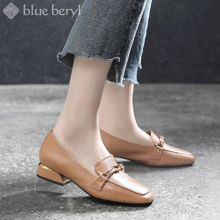 ローファー レディース 本革 チャンキーヒール 3cmヒール ビット ラバーソール スクエアトゥ( ベージュ, 22.5 cm 2.5E)