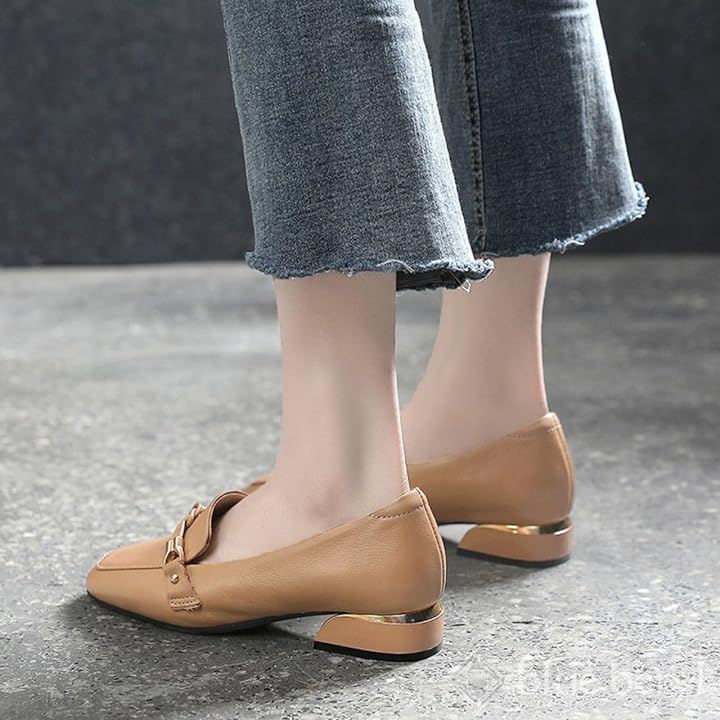 ローファー レディース 本革 チャンキーヒール 3cmヒール ビット ラバーソール スクエアトゥ( ベージュ, 22.5 cm 2.5E)